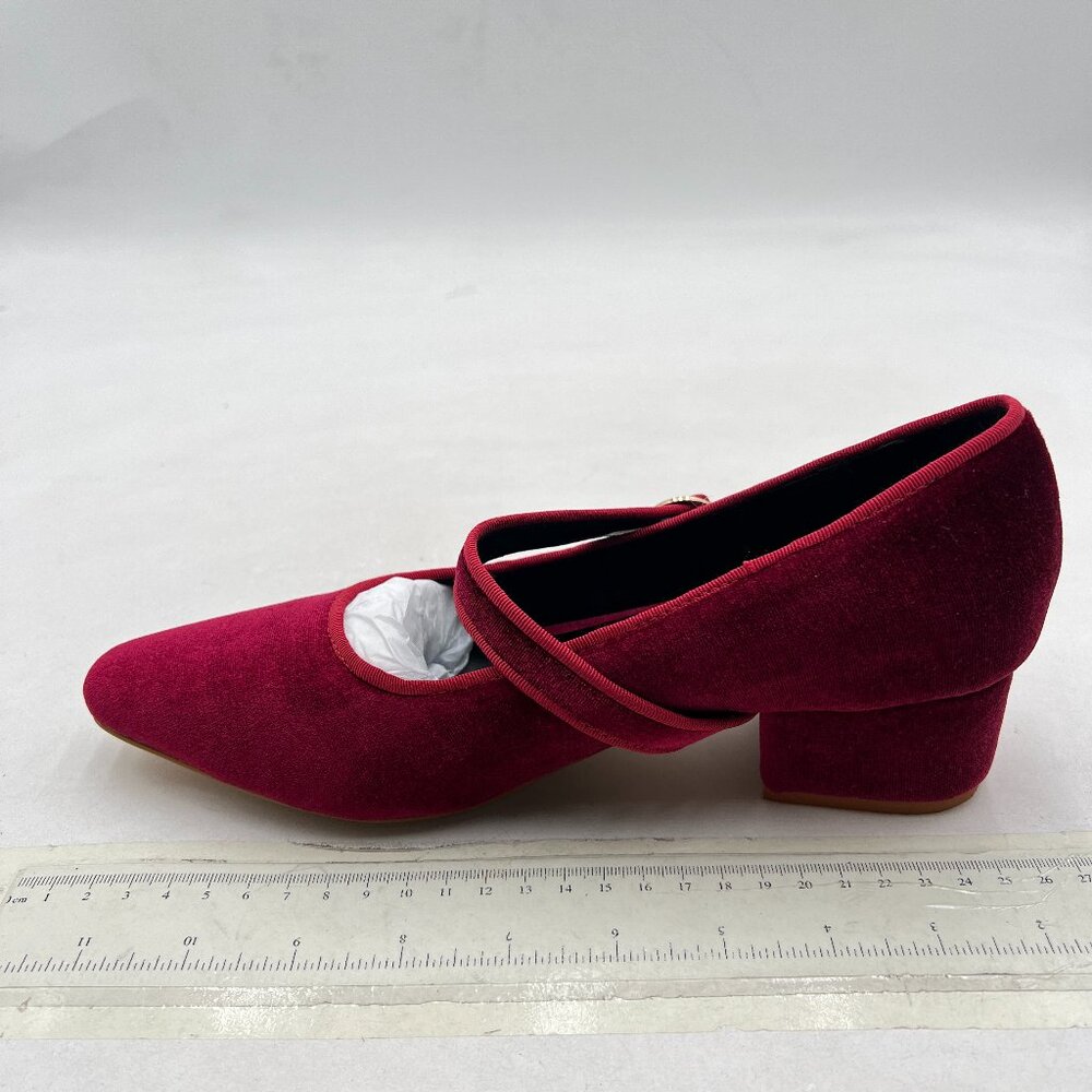 XYD Burgundy Low Heel Chunky Mary Jane Pumps Square Toe Buckled Strap Daily Shoe - Picture 2 of 8